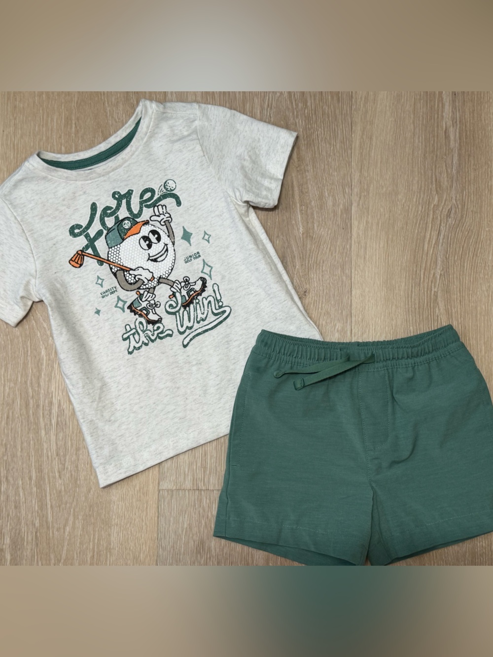 Kids Green Shorts and Heather Gray Graphic Tee Set